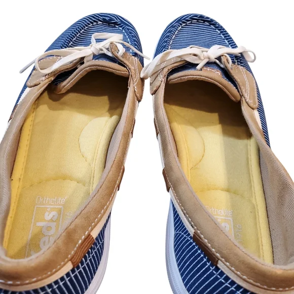 Keds Ortholite Navy White Tan Striped Loafers Shoes Laces Size 8.5 - Picture 9 of 12